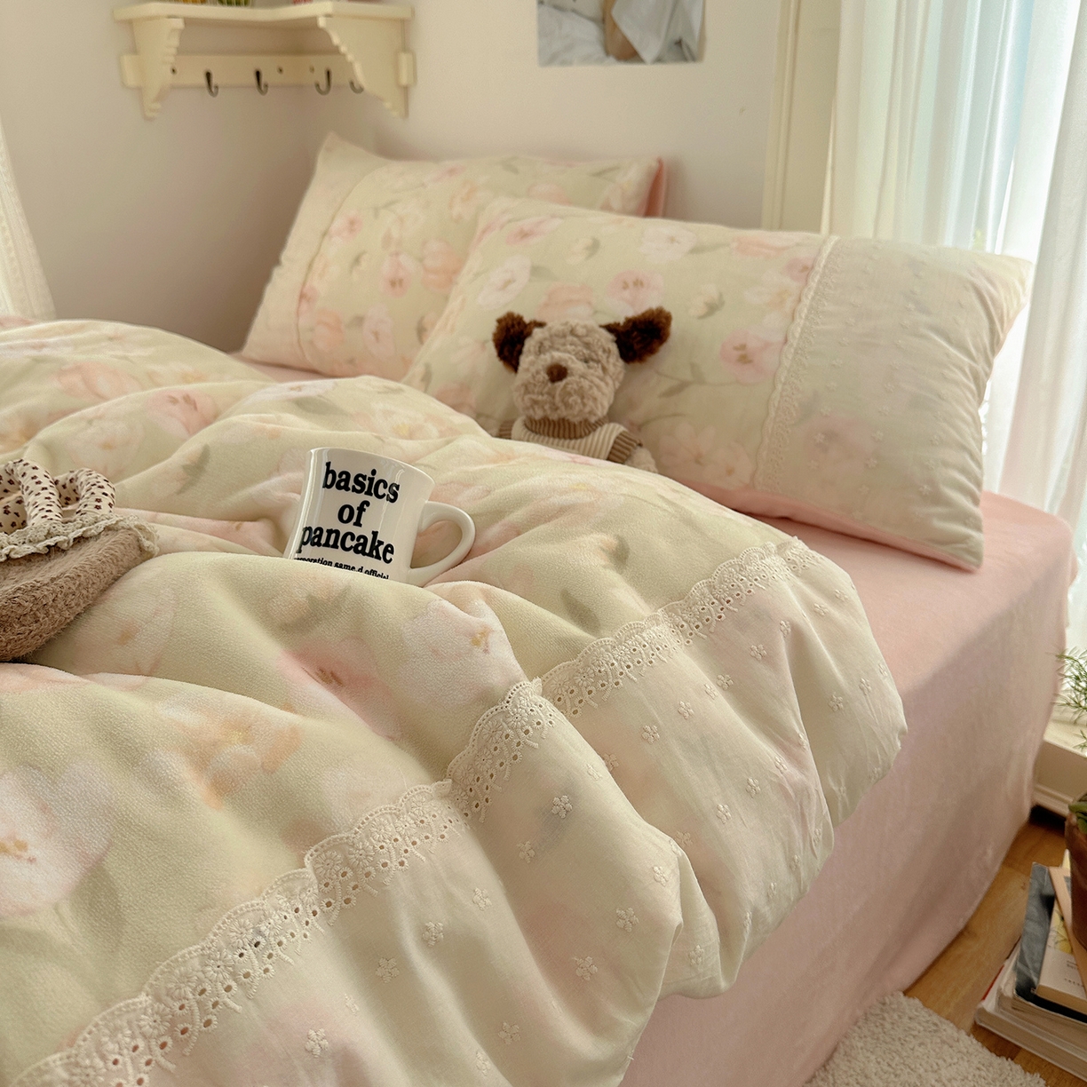 桃子家居 2025新款A类蕾丝纯棉花边工艺花卉复古碎花加厚花边牛奶绒系列四件套 绒-蕾丝沁梦绿