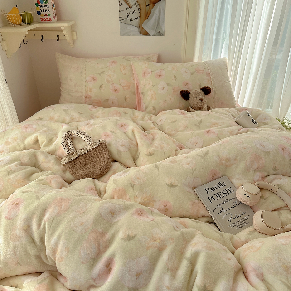 91家纺网 家纺一手货源 找家纺 桃子家居 2025新款A类蕾丝纯棉花边工艺花卉复古碎花加厚花边牛奶绒系列四件套 绒-蕾丝沁梦绿