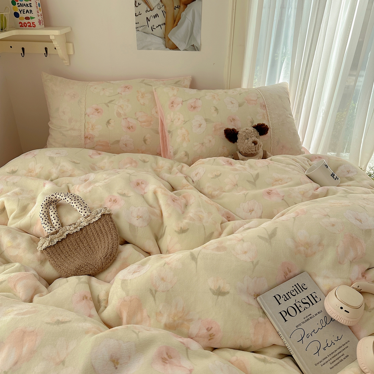 91家纺网 家纺一手货源 找家纺 桃子家居 2025新款A类蕾丝纯棉花边工艺花卉复古碎花加厚花边牛奶绒系列四件套 绒-蕾丝沁梦绿