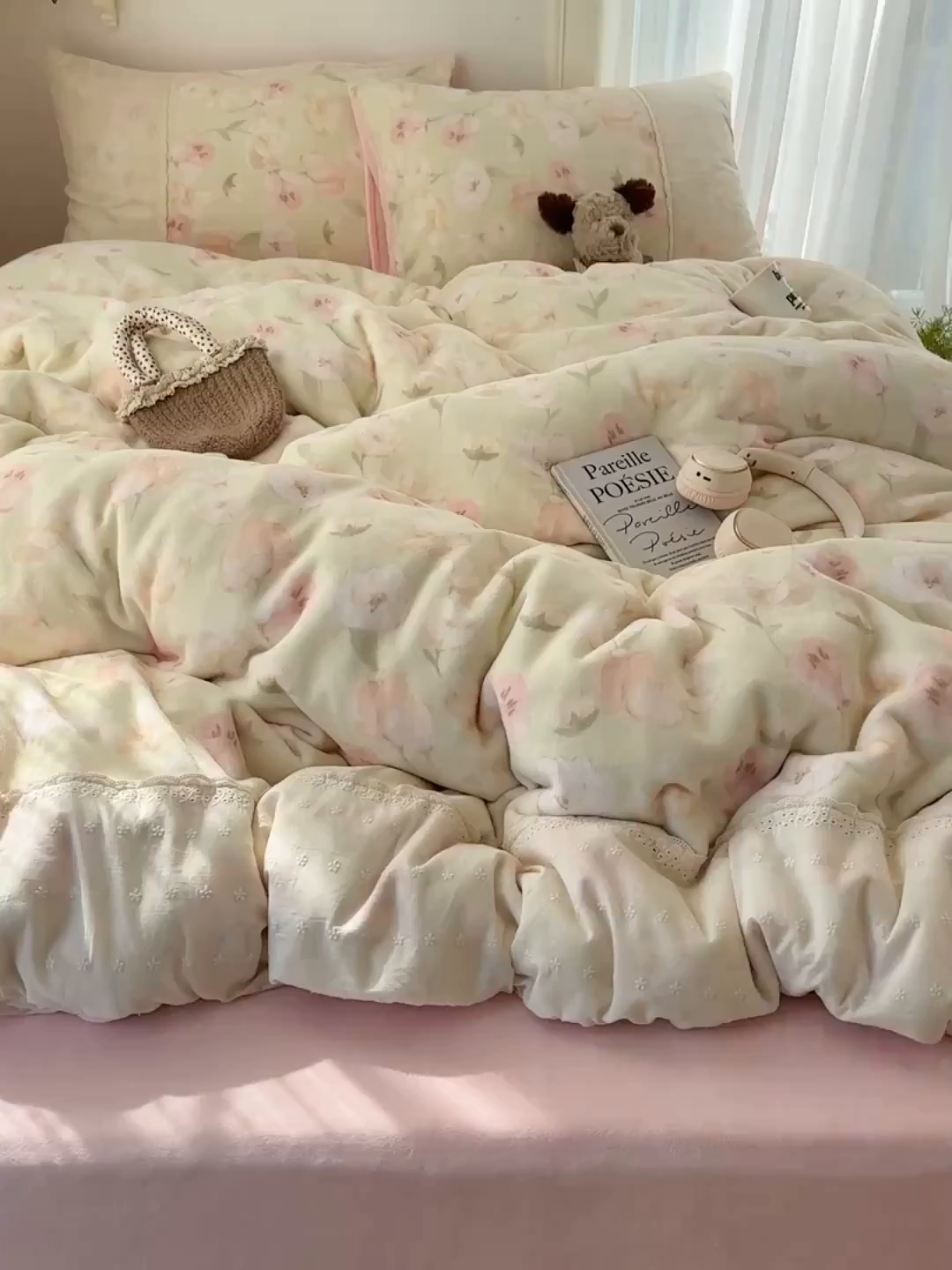 91家纺网 家纺一手货源 找家纺 桃子家居 2025新款A类蕾丝纯棉花边工艺花卉复古碎花加厚花边牛奶绒系列四件套 绒-蕾丝沁梦绿