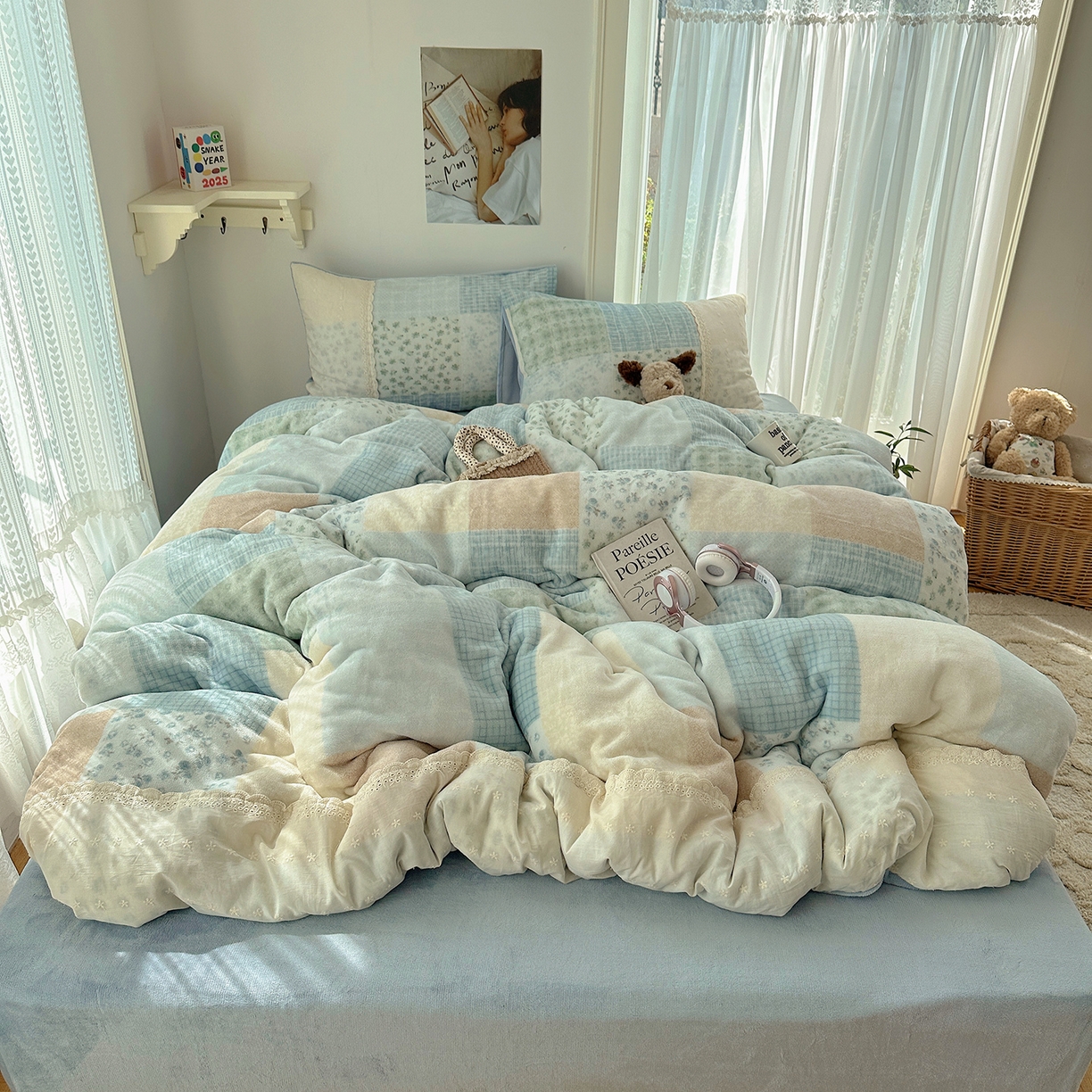 91家纺网 家纺一手货源 找家纺 桃子家居 2025新款A类蕾丝纯棉花边工艺花卉复古碎花加厚花边牛奶绒系列四件套 绒-蕾丝山野