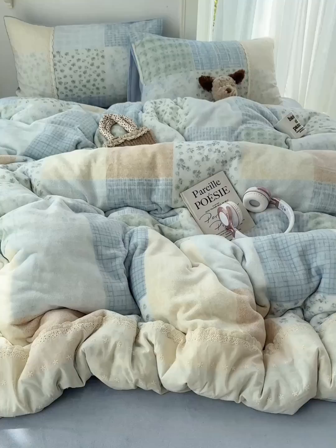 91家纺网 家纺一手货源 找家纺 桃子家居 2025新款A类蕾丝纯棉花边工艺花卉复古碎花加厚花边牛奶绒系列四件套 绒-蕾丝山野