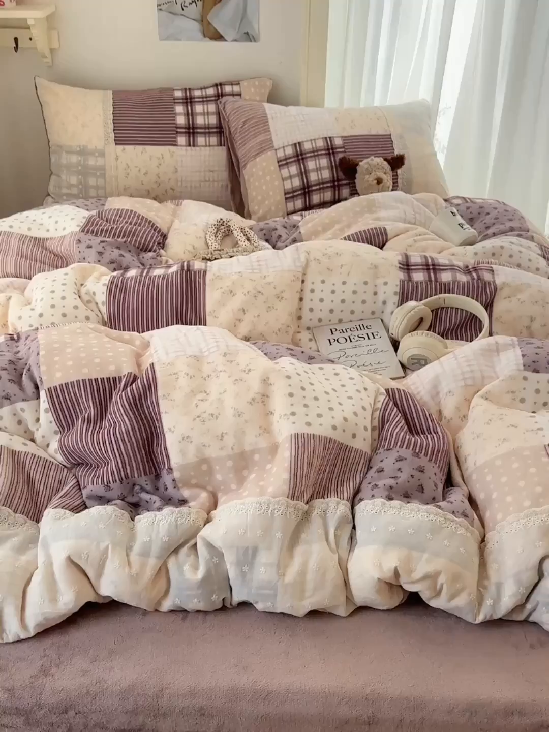 91家纺网 家纺一手货源 找家纺 桃子家居 2025新款A类蕾丝纯棉花边工艺花卉复古碎花加厚花边牛奶绒系列四件套 绒-蕾丝锡兰