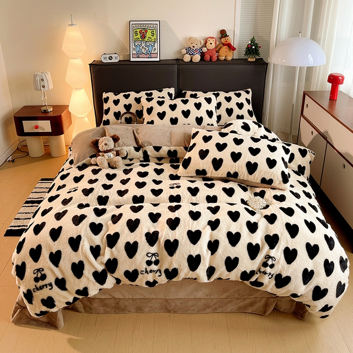 91家纺网 家纺一手货源 找家纺 金梦拉 2025直播爆款A类加厚兔绒印花系列四件套爱心咖