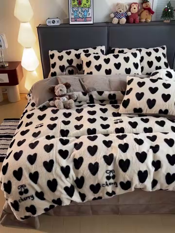 91家纺网 家纺一手货源 找家纺 金梦拉 2025直播爆款A类加厚兔绒印花系列四件套爱心咖