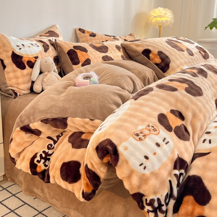 柒月家居 2025新款时尚印花泡泡绒加厚保暖四件套套件 豹纹猫咪