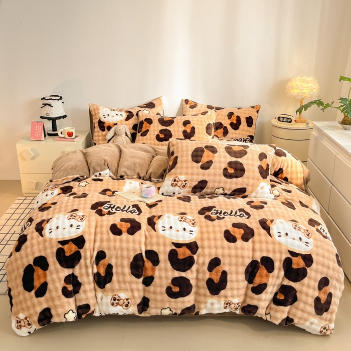 91家纺网 家纺一手货源 找家纺 柒月家居 2025新款时尚印花泡泡绒加厚保暖四件套套件 豹纹猫咪