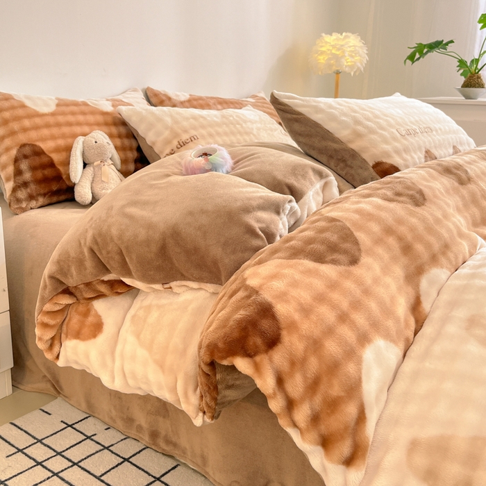 柒月家居 2025新款时尚印花泡泡绒加厚保暖四件套套件 简约波浪