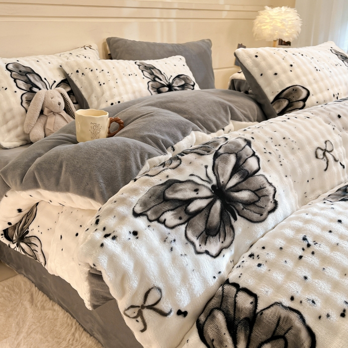 柒月家居 2025新款时尚印花泡泡绒加厚保暖四件套套件 泡泡 -黑色蝴蝶