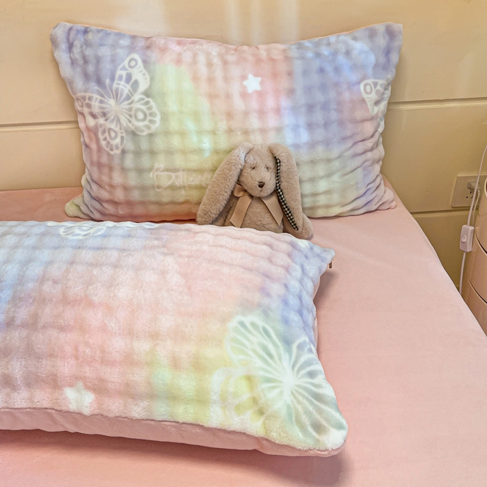 91家纺网 家纺一手货源 找家纺 柒月家居 2025新款时尚印花泡泡绒加厚保暖四件套套件 泡泡-彩色蝴蝶