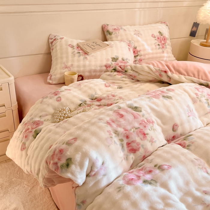 91家纺网 家纺一手货源 找家纺 柒月家居 2025新款时尚印花泡泡绒加厚保暖四件套套件 泡泡-繁花