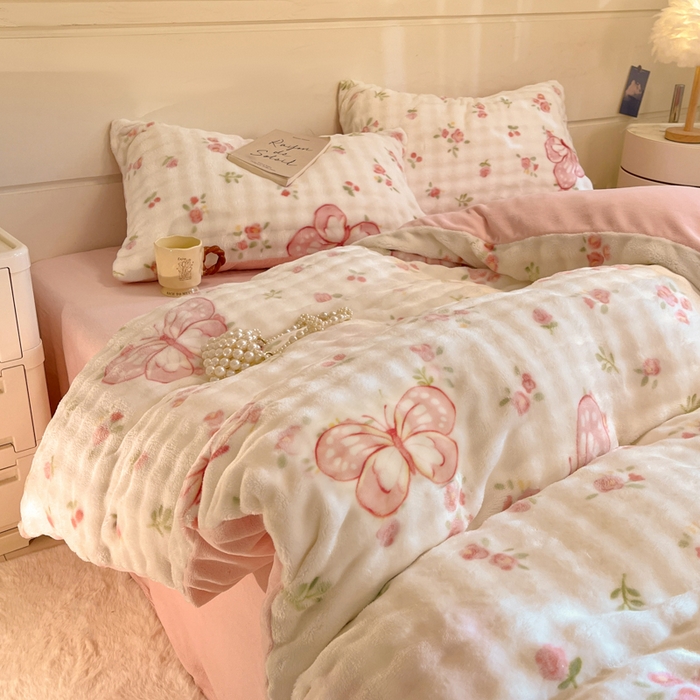 柒月家居 2025新款时尚印花泡泡绒加厚保暖四件套套件 泡泡-蝴蝶花花