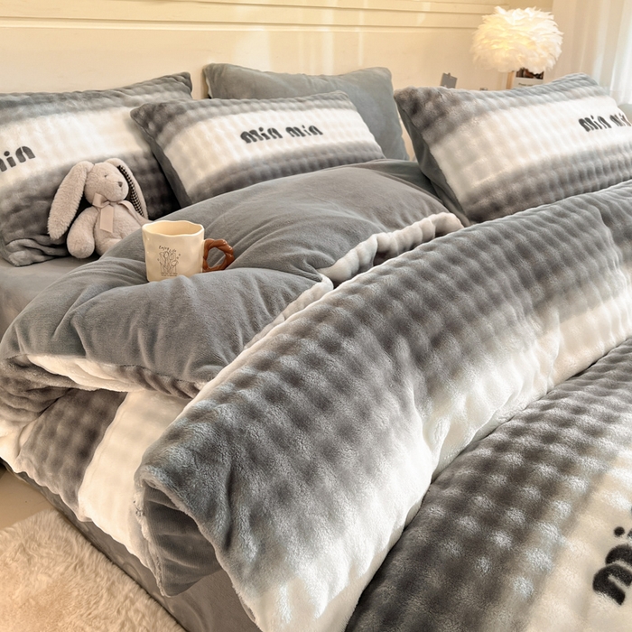 柒月家居 2025新款时尚印花泡泡绒加厚保暖四件套套件 泡泡-灰色空间