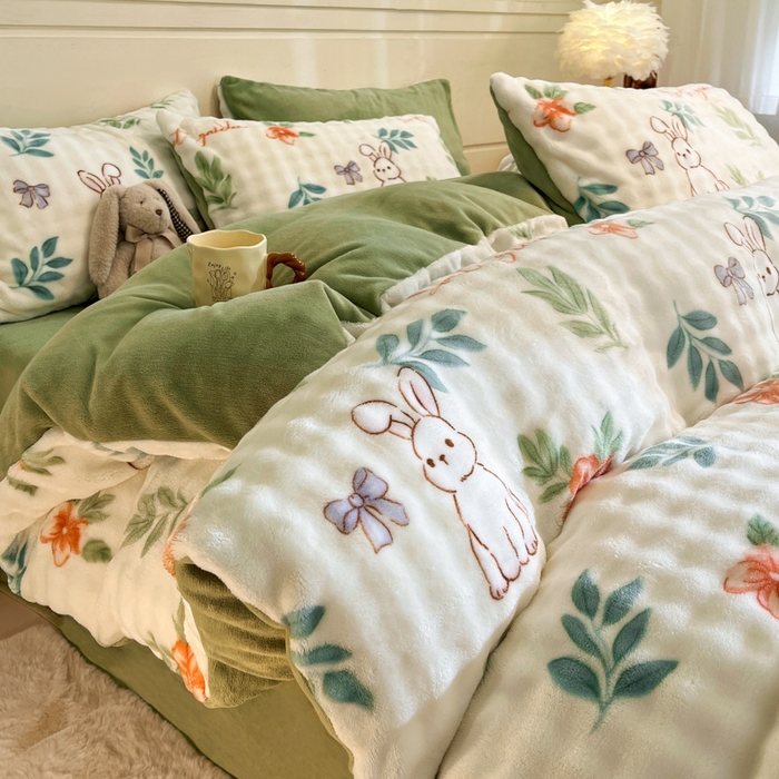 柒月家居 2025新款时尚印花泡泡绒加厚保暖四件套套件 泡泡-绿叶兔