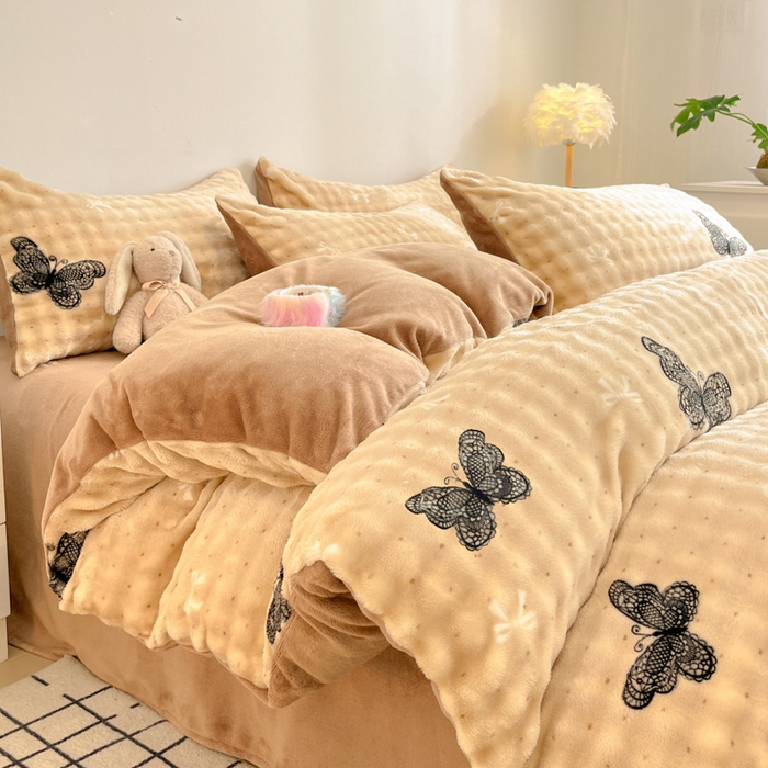 柒月家居 2025新款时尚印花泡泡绒加厚保暖四件套套件 棕色蝴蝶