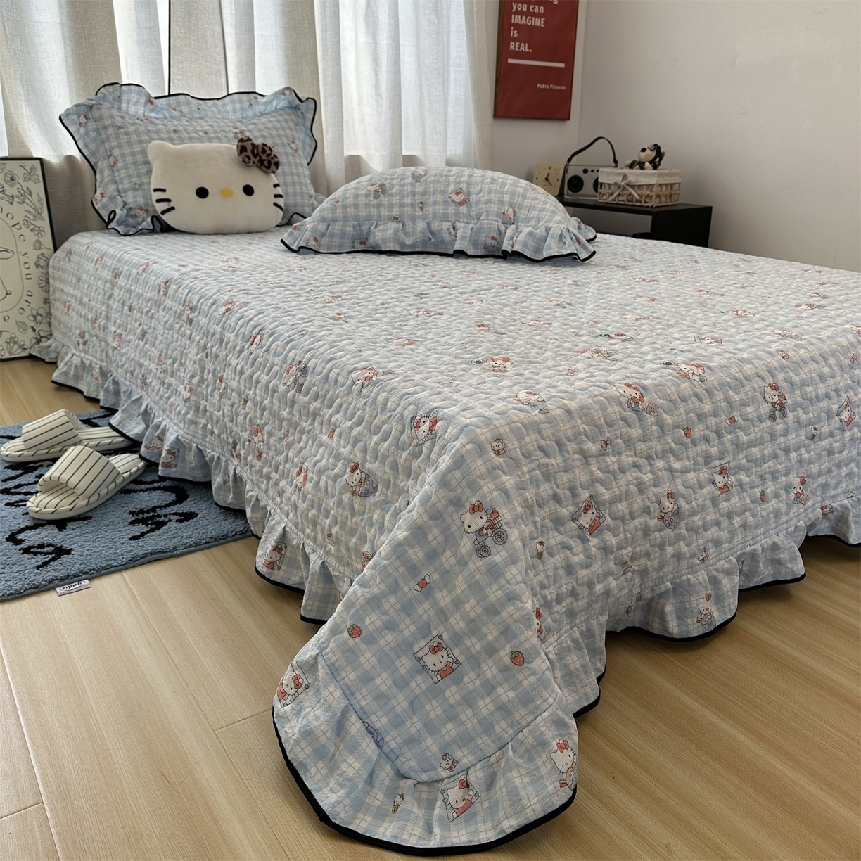 91家纺网 家纺一手货源 找家纺 （总）优色良品家纺 2025新款三丽鸥正版授权花边款卡通加棉床盖三件套