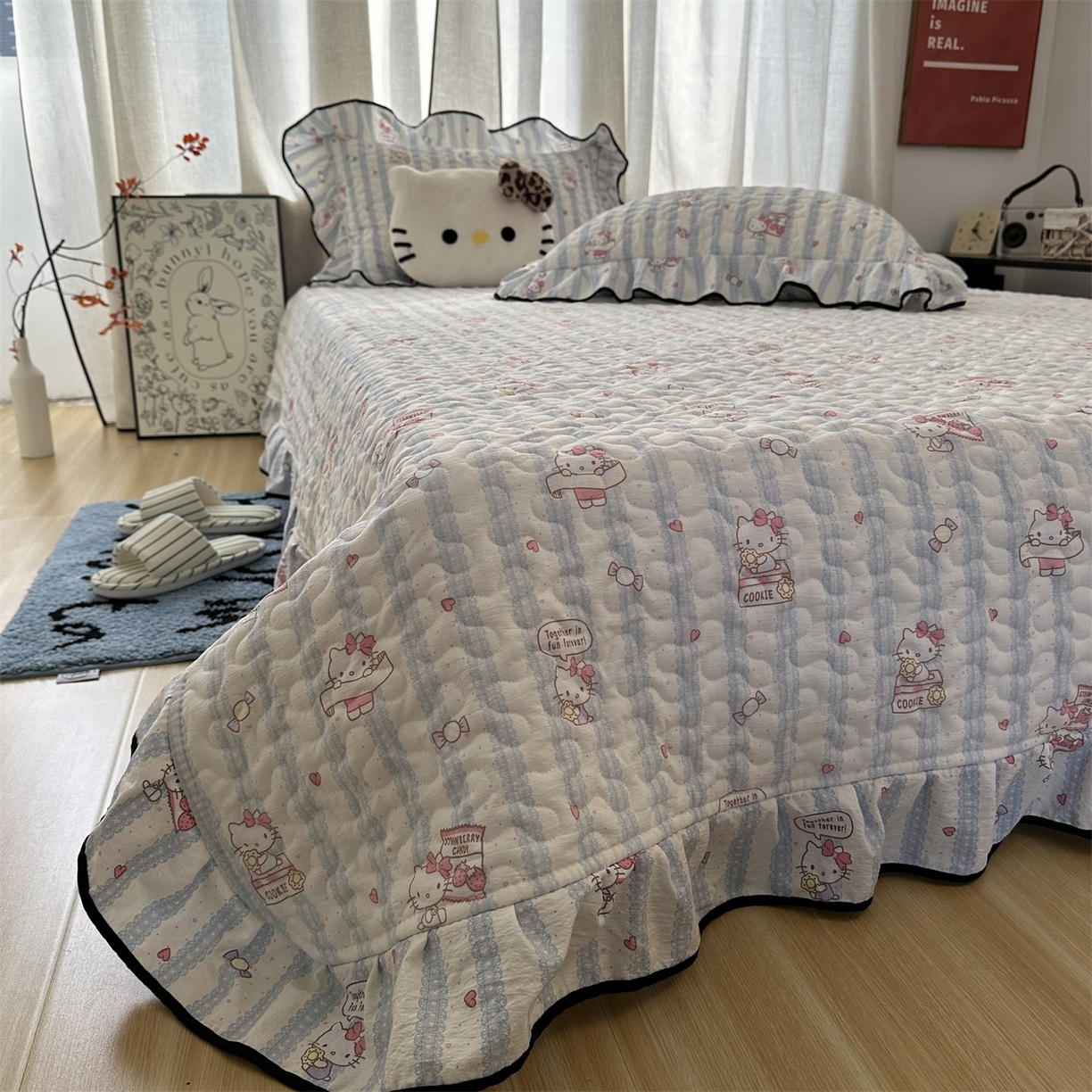 91家纺网 家纺一手货源 找家纺 （总）优色良品家纺 2025新款三丽鸥正版授权花边款卡通加棉床盖三件套