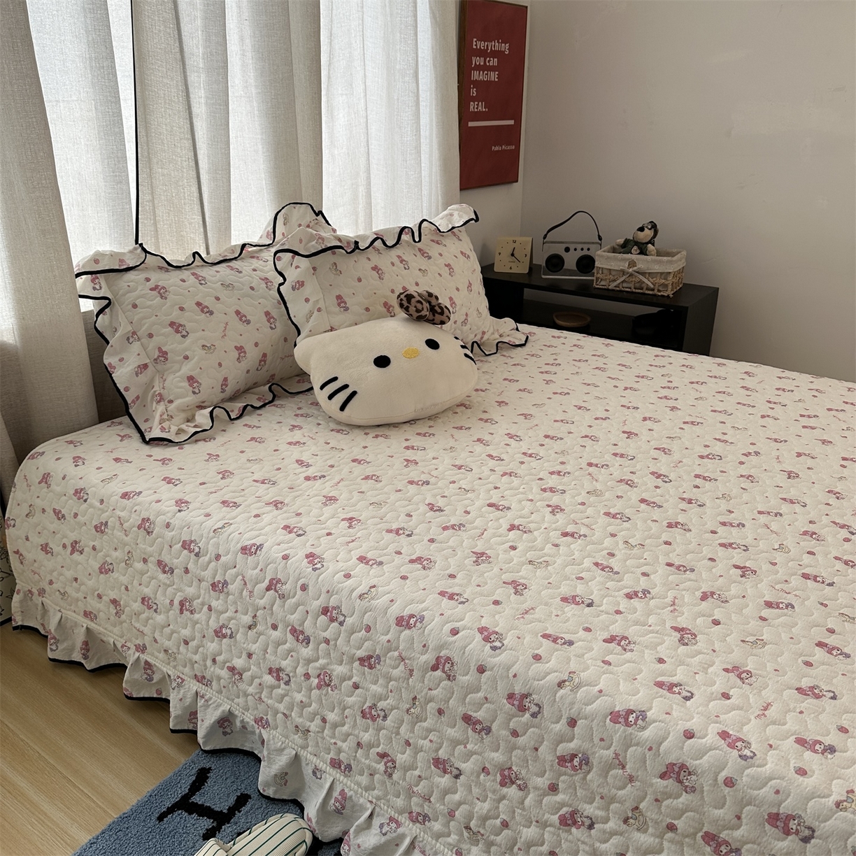 91家纺网 家纺一手货源 找家纺 （总）优色良品家纺 2025新款三丽鸥正版授权花边款卡通加棉床盖三件套