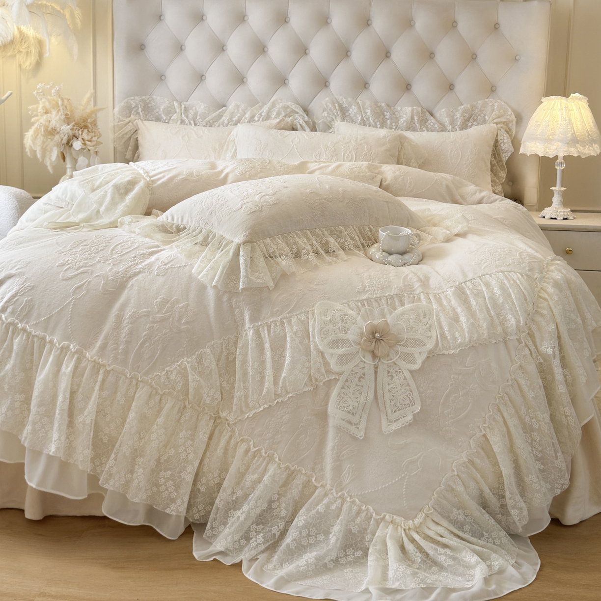 91家纺网 家纺一手货源 找家纺 亲亲公主 2025新款高克重蕾丝公主风雕花绒牛奶绒床裙款四件套-柔粉蝶舞（券后不低于 278元） 柔粉蝶舞-奶杏色