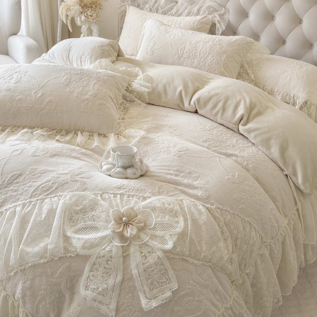 91家纺网 家纺一手货源 找家纺 亲亲公主 2025新款高克重蕾丝公主风雕花绒牛奶绒床裙款四件套-柔粉蝶舞（券后不低于 278元） 柔粉蝶舞-奶杏色