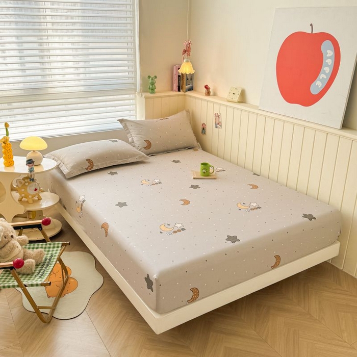 91家纺网 家纺一手货源 找家纺 名优家纺 2025新款12868全棉印花外贸床笠 月之星-灰