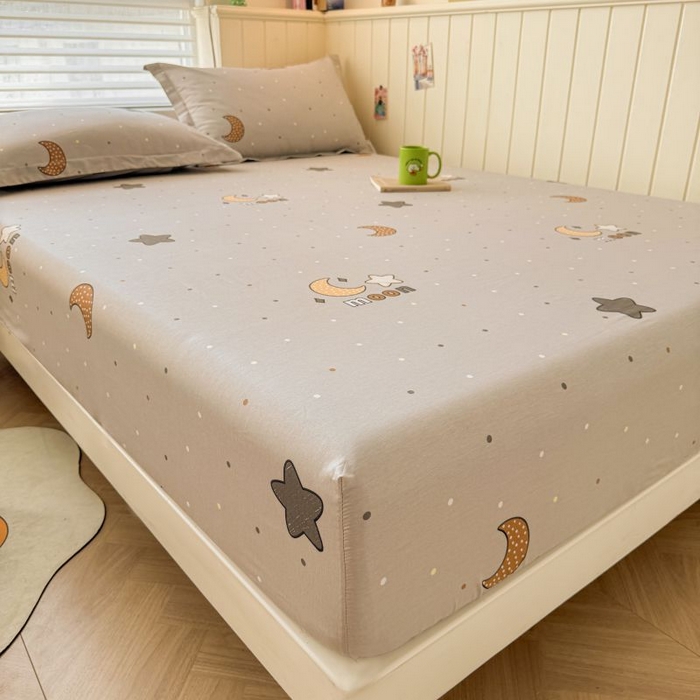 91家纺网 家纺一手货源 找家纺 名优家纺 2025新款12868全棉印花外贸床笠 月之星-灰