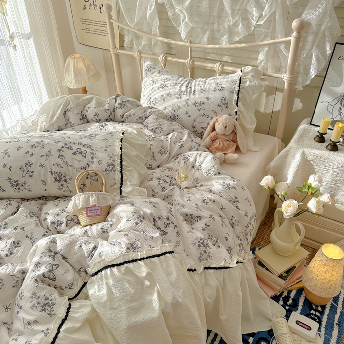 91家纺网 家纺一手货源 找家纺 （总）阿曼达 2025新款韩系法式慵懒氛围感印花泡芙花边四件套（专版花型）-樱花泡芙