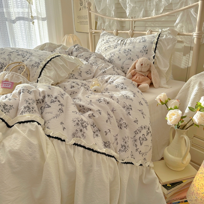 91家纺网 家纺一手货源 找家纺 （总）阿曼达 2025新款韩系法式慵懒氛围感印花泡芙花边四件套（专版花型）-樱花泡芙