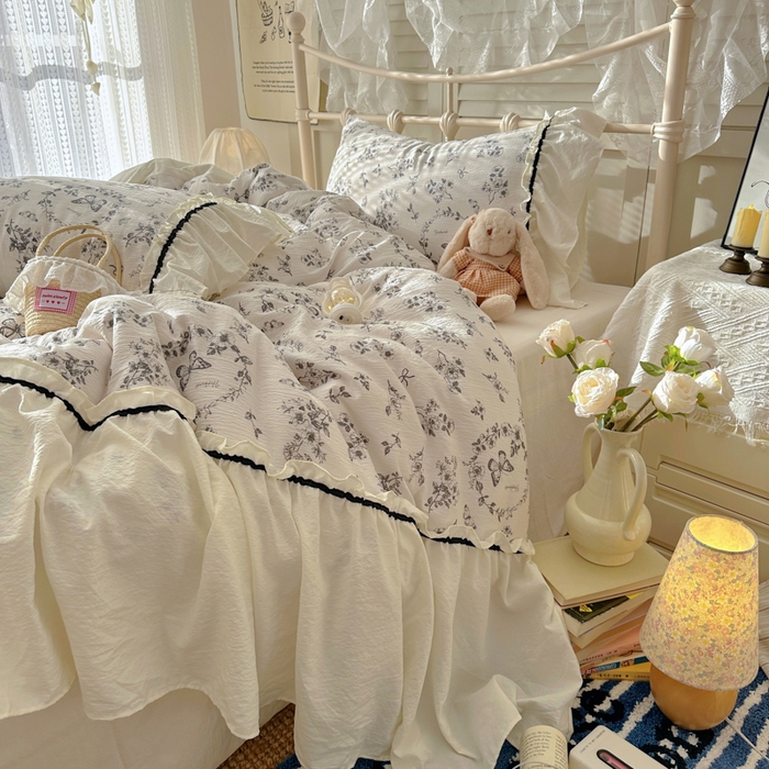 91家纺网 家纺一手货源 找家纺 （总）阿曼达 2025新款韩系法式慵懒氛围感印花泡芙花边四件套（专版花型）-樱花泡芙