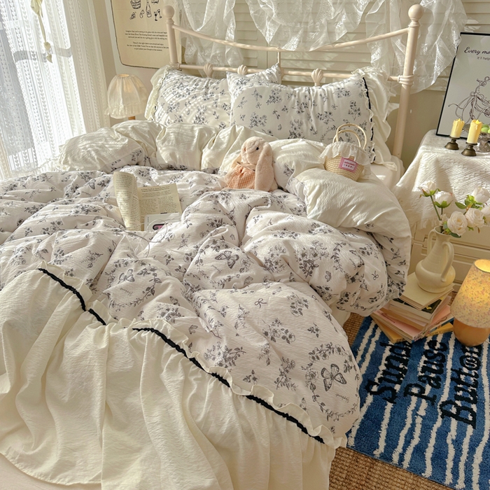 91家纺网 家纺一手货源 找家纺 阿曼达 2025新款韩系法式慵懒氛围感印花泡芙花边四件套（专版花型）-樱花泡芙 樱花泡芙-花园