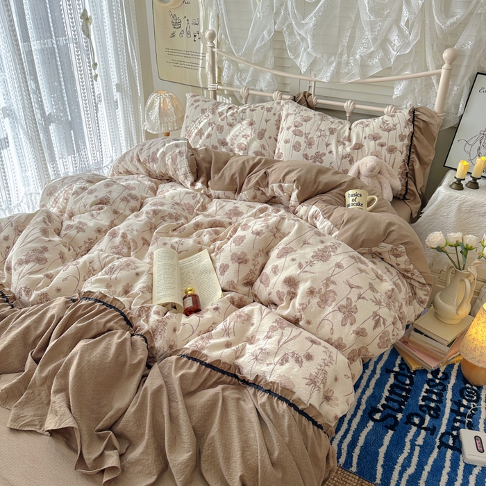 91家纺网 家纺一手货源 找家纺 阿曼达 2025新款韩系法式慵懒氛围感印花泡芙花边四件套（专版花型）-樱花泡芙 樱花泡芙-可可