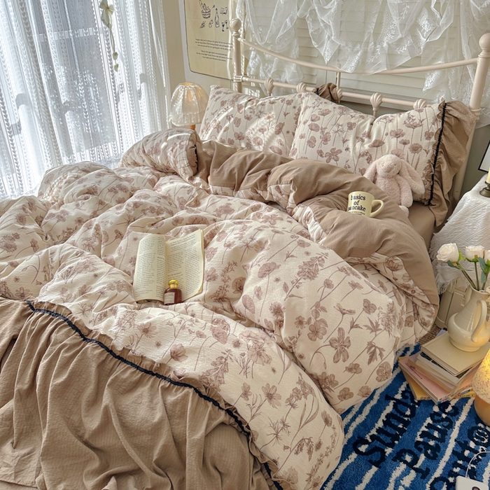 91家纺网 家纺一手货源 找家纺 阿曼达 2025新款韩系法式慵懒氛围感印花泡芙花边四件套（专版花型）-樱花泡芙 樱花泡芙-可可
