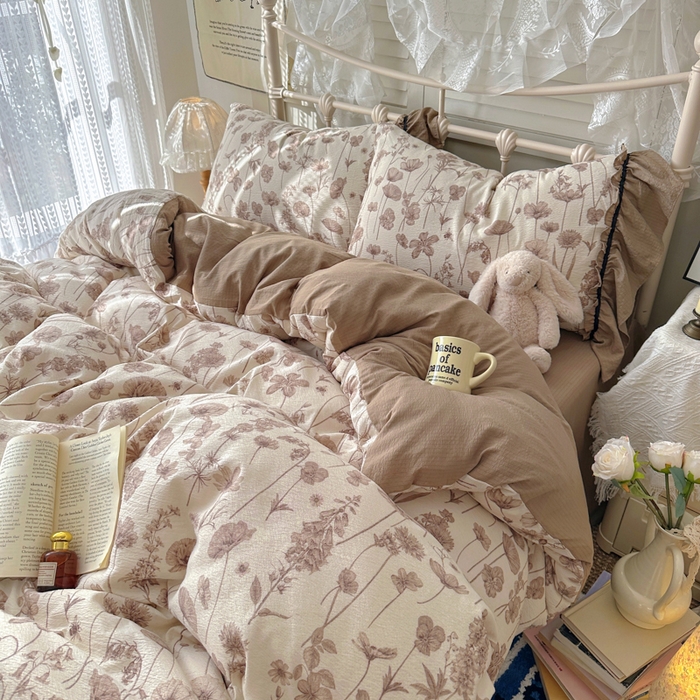 91家纺网 家纺一手货源 找家纺 阿曼达 2025新款韩系法式慵懒氛围感印花泡芙花边四件套（专版花型）-樱花泡芙 樱花泡芙-可可