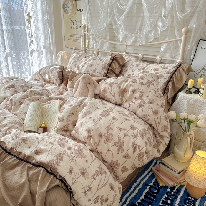 91家纺网 家纺一手货源 找家纺 阿曼达 2025新款韩系法式慵懒氛围感印花泡芙花边四件套（专版花型）-樱花泡芙 樱花泡芙-可可