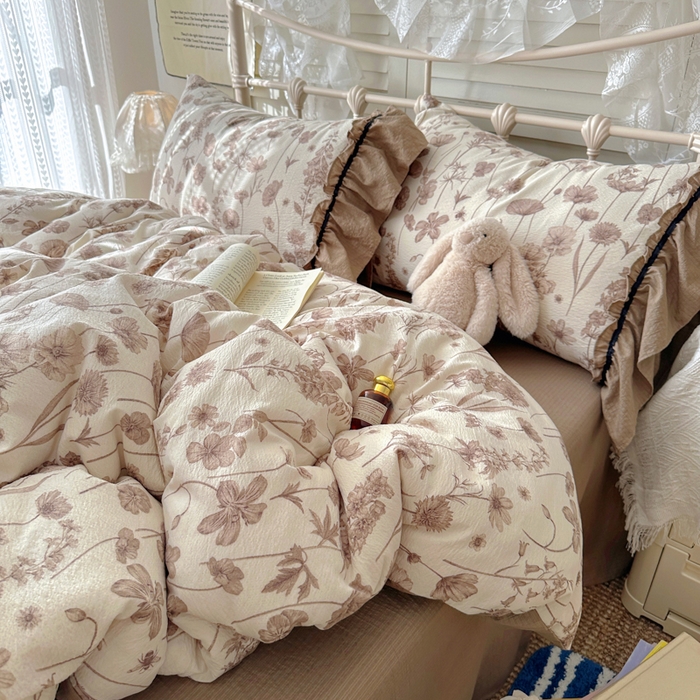 91家纺网 家纺一手货源 找家纺 阿曼达 2025新款韩系法式慵懒氛围感印花泡芙花边四件套（专版花型）-樱花泡芙 樱花泡芙-可可