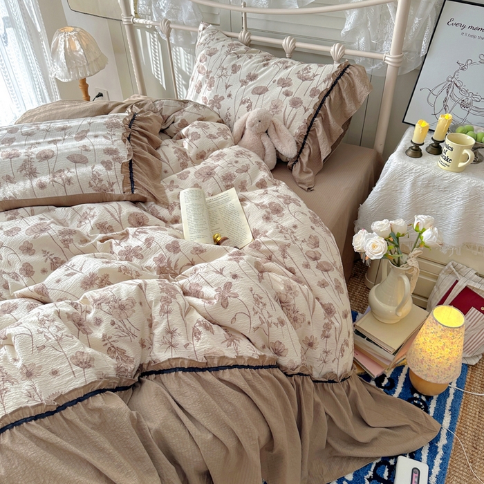 91家纺网 家纺一手货源 找家纺 阿曼达 2025新款韩系法式慵懒氛围感印花泡芙花边四件套（专版花型）-樱花泡芙 樱花泡芙-可可