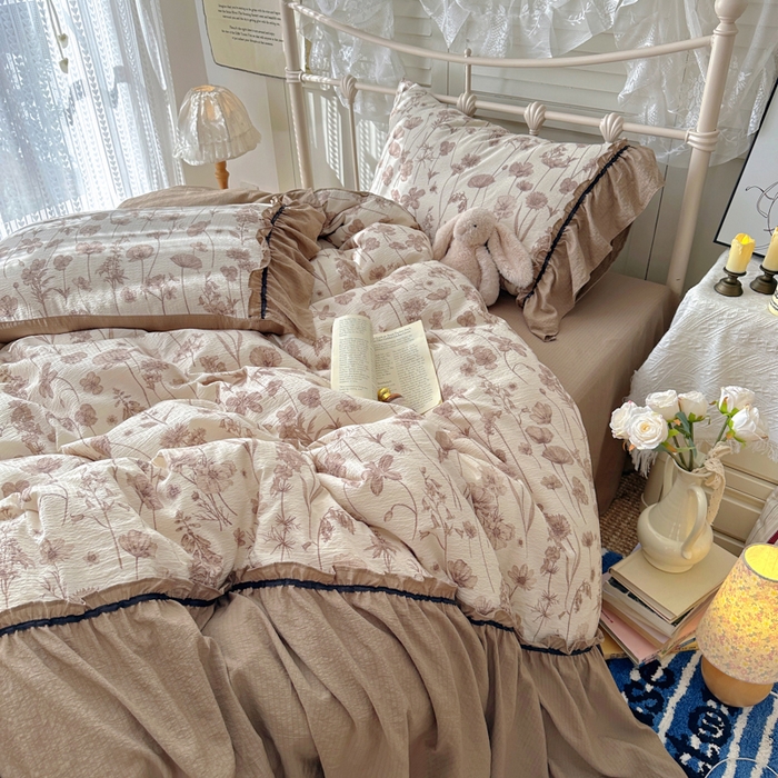 91家纺网 家纺一手货源 找家纺 阿曼达 2025新款韩系法式慵懒氛围感印花泡芙花边四件套（专版花型）-樱花泡芙 樱花泡芙-可可