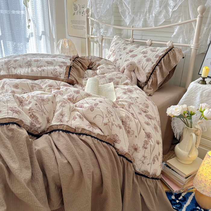 91家纺网 家纺一手货源 找家纺 阿曼达 2025新款韩系法式慵懒氛围感印花泡芙花边四件套（专版花型）-樱花泡芙 樱花泡芙-可可