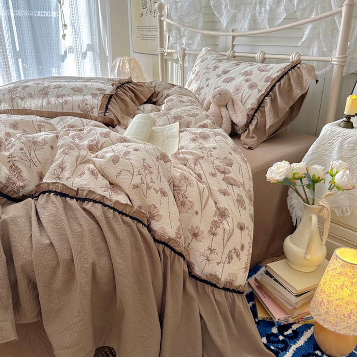 91家纺网 家纺一手货源 找家纺 阿曼达 2025新款韩系法式慵懒氛围感印花泡芙花边四件套（专版花型）-樱花泡芙 樱花泡芙-可可