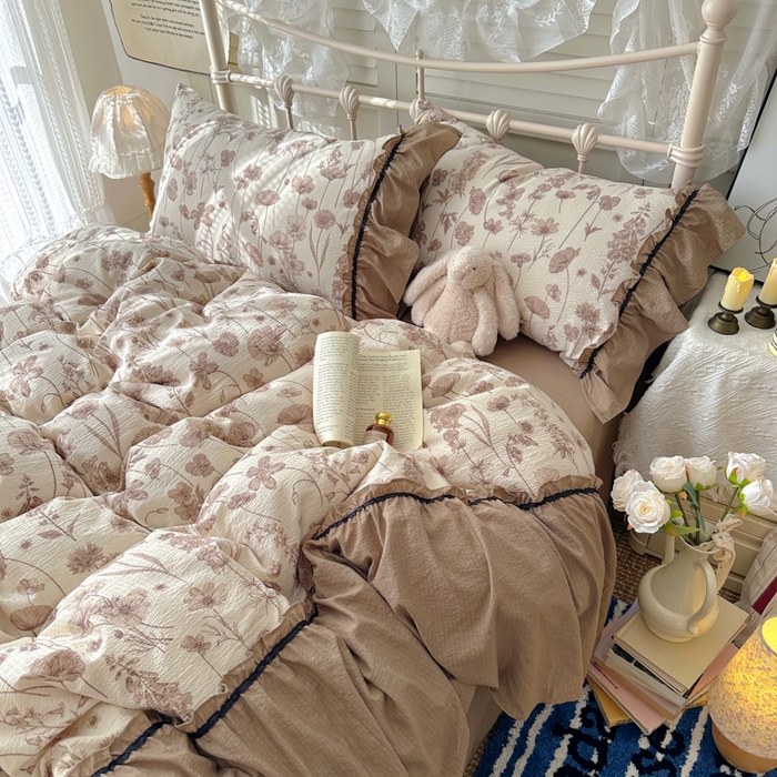 91家纺网 家纺一手货源 找家纺 阿曼达 2025新款韩系法式慵懒氛围感印花泡芙花边四件套（专版花型）-樱花泡芙 樱花泡芙-可可
