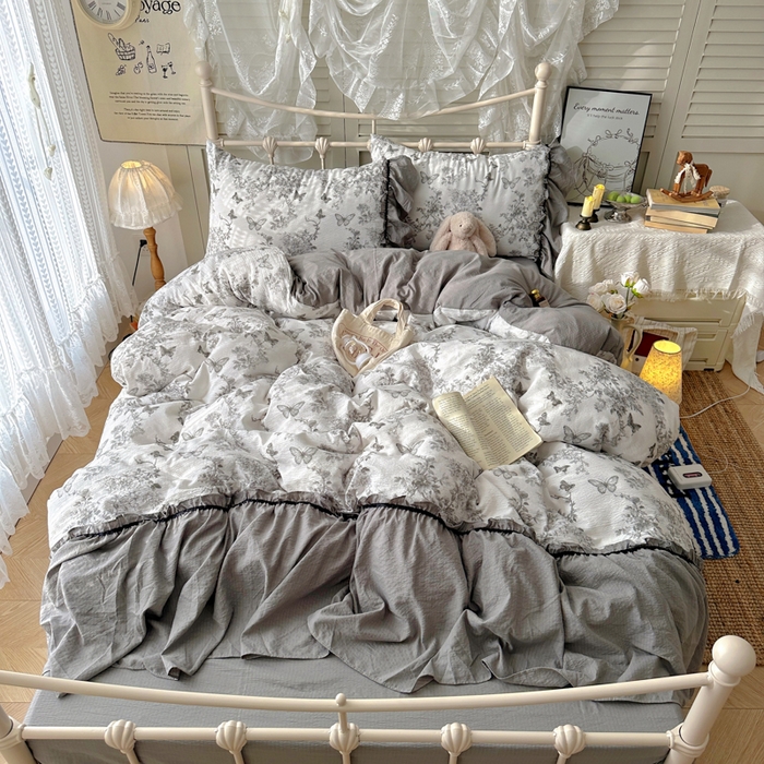 阿曼达 2025新款韩系法式慵懒氛围感印花泡芙花边四件套（专版花型）-樱花泡芙 樱花泡芙-梦境