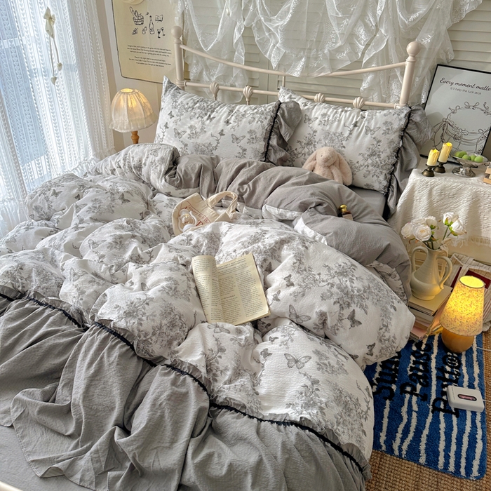 91家纺网 家纺一手货源 找家纺 阿曼达 2025新款韩系法式慵懒氛围感印花泡芙花边四件套（专版花型）-樱花泡芙 樱花泡芙-梦境