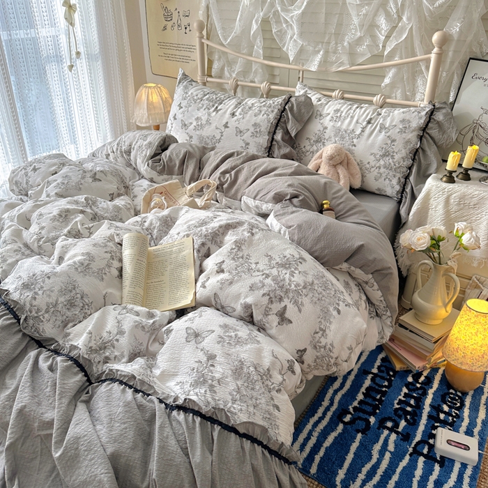 91家纺网 家纺一手货源 找家纺 阿曼达 2025新款韩系法式慵懒氛围感印花泡芙花边四件套（专版花型）-樱花泡芙 樱花泡芙-梦境