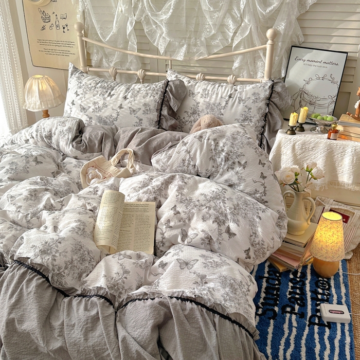 91家纺网 家纺一手货源 找家纺 阿曼达 2025新款韩系法式慵懒氛围感印花泡芙花边四件套（专版花型）-樱花泡芙 樱花泡芙-梦境