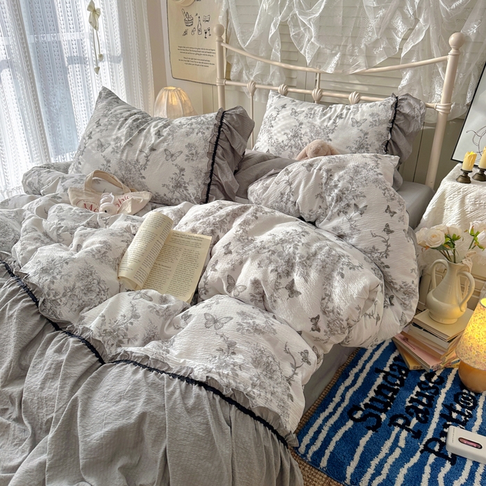 91家纺网 家纺一手货源 找家纺 阿曼达 2025新款韩系法式慵懒氛围感印花泡芙花边四件套（专版花型）-樱花泡芙 樱花泡芙-梦境