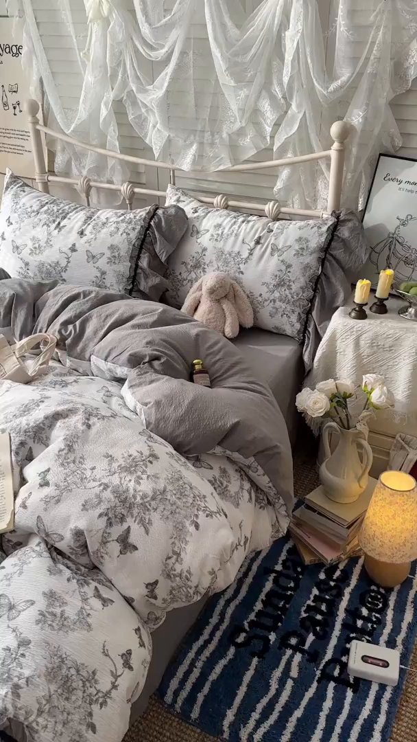 91家纺网 家纺一手货源 找家纺 阿曼达 2025新款韩系法式慵懒氛围感印花泡芙花边四件套（专版花型）-樱花泡芙 樱花泡芙-梦境