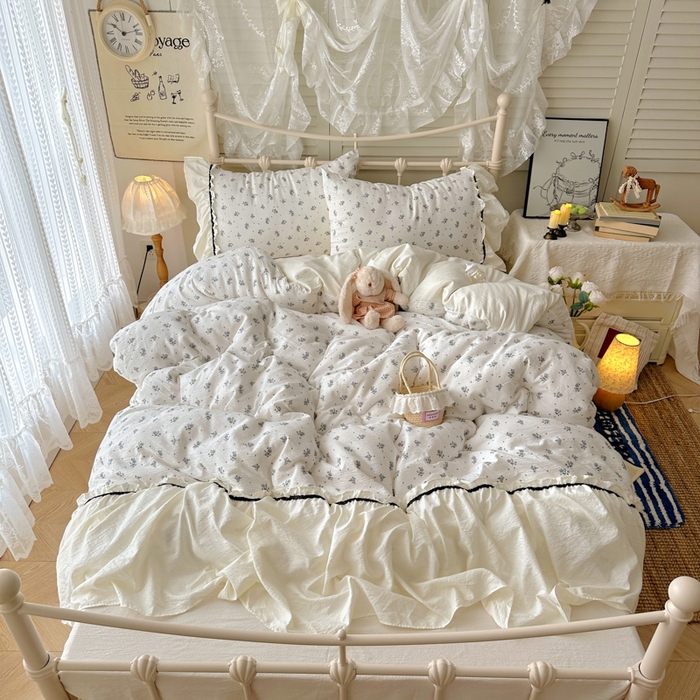 阿曼达 2025新款韩系法式慵懒氛围感印花泡芙花边四件套（专版花型）-樱花泡芙 樱花泡芙-木槿白