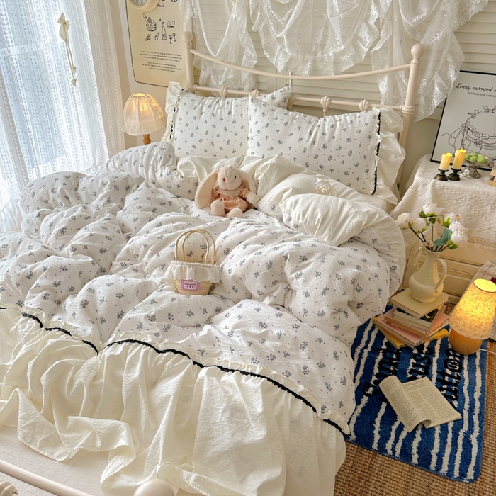 91家纺网 家纺一手货源 找家纺 阿曼达 2025新款韩系法式慵懒氛围感印花泡芙花边四件套（专版花型）-樱花泡芙 樱花泡芙-木槿白