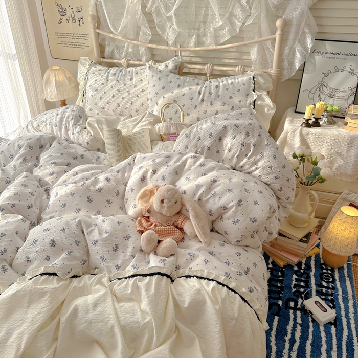 91家纺网 家纺一手货源 找家纺 阿曼达 2025新款韩系法式慵懒氛围感印花泡芙花边四件套（专版花型）-樱花泡芙 樱花泡芙-木槿白