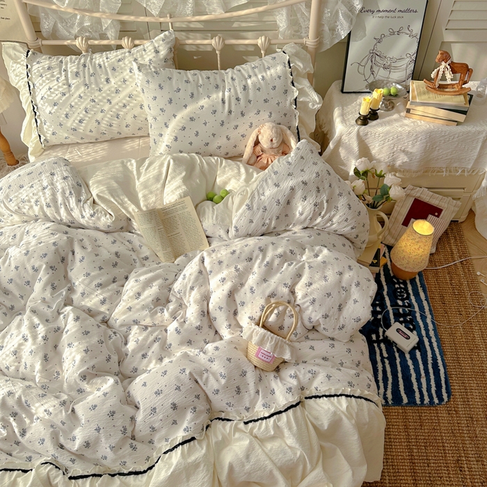 91家纺网 家纺一手货源 找家纺 阿曼达 2025新款韩系法式慵懒氛围感印花泡芙花边四件套（专版花型）-樱花泡芙 樱花泡芙-木槿白